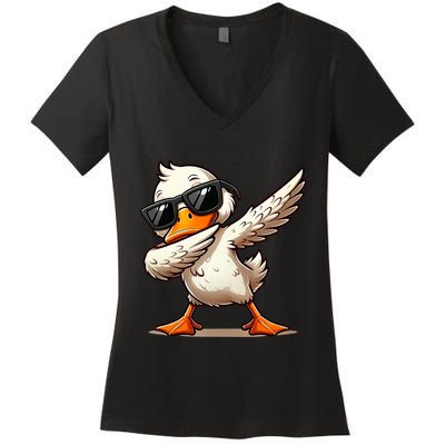 Dabbing Duck With Sunglasses Funny Cartoon Graphic Women's V-Neck T-Shirt
