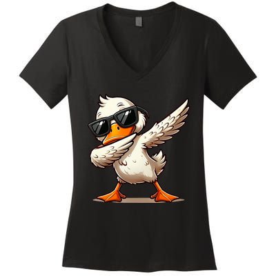 Dabbing Duck With Sunglasses Funny Cartoon Graphic Women's V-Neck T-Shirt