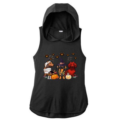 Dachshund Dog Witch Mummy Pumpkin Halloween Spooky Season Gift Ladies PosiCharge Tri-Blend Wicking Draft Hoodie Tank