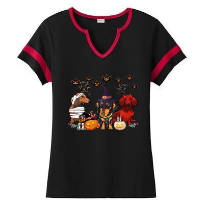 Dachshund Dog Witch Mummy Pumpkin Halloween Spooky Season Gift Ladies Halftime Notch Neck Tee