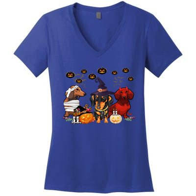 Dachshund Dog Witch Mummy Pumpkin Halloween Spooky Season Gift Women's V-Neck T-Shirt