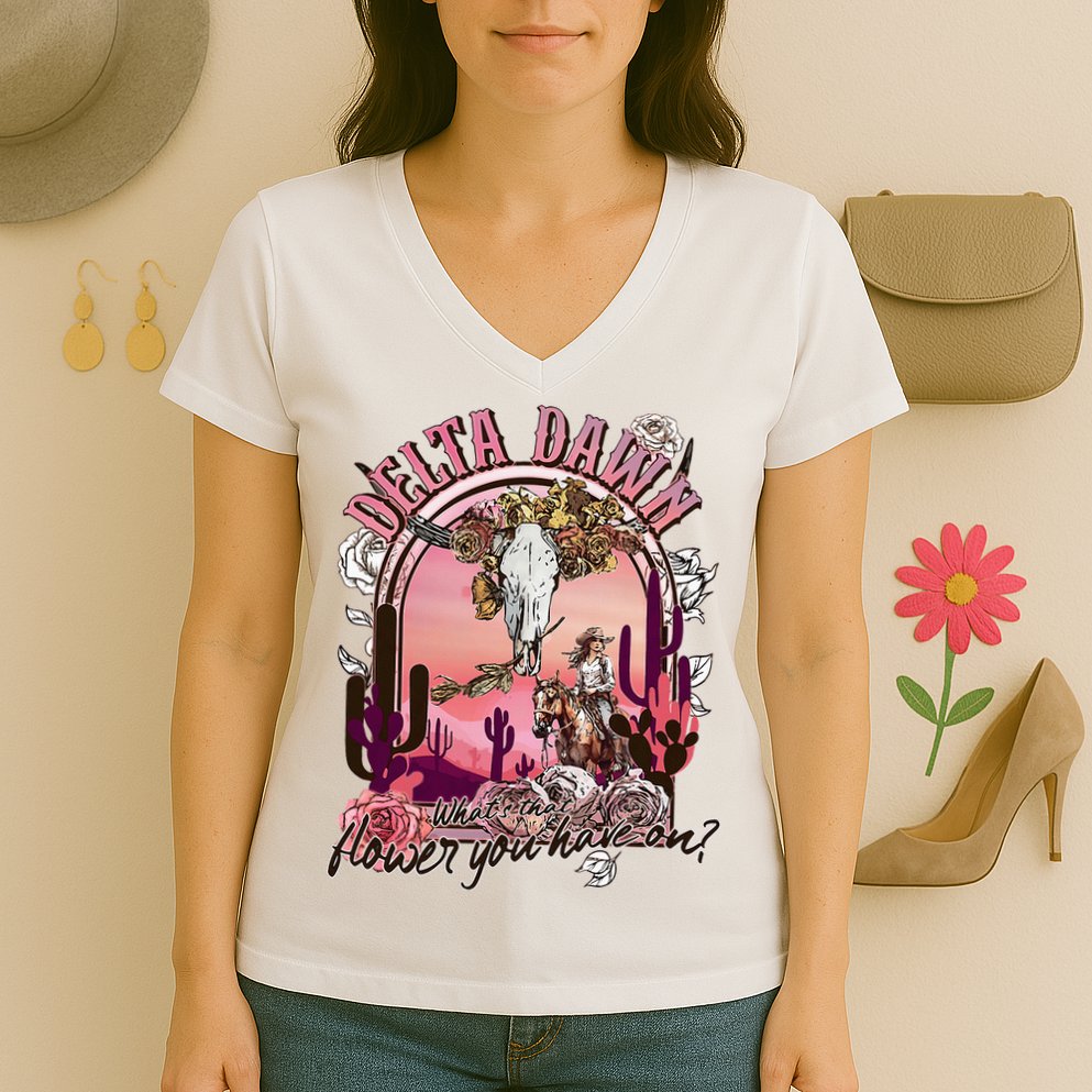 Delta Dawn WhatS That Flower You Have On Western Country Women's V-Neck T-Shirt