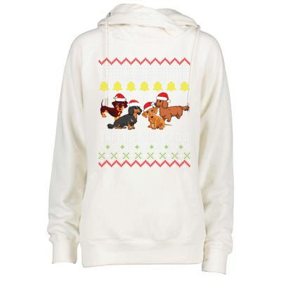 Dachshund Dogs With Noel Costume Dancing Through The Snow Great Gift Womens Funnel Neck Pullover Hood