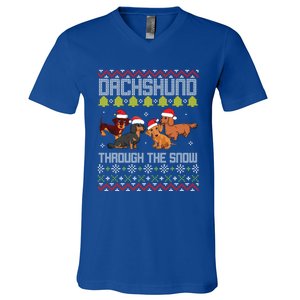 Dachshund Dogs With Noel Costume Dancing Through The Snow Great Gift V-Neck T-Shirt