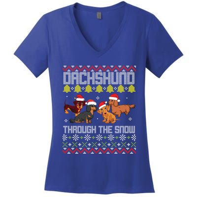 Dachshund Dogs With Noel Costume Dancing Through The Snow Great Gift Women's V-Neck T-Shirt