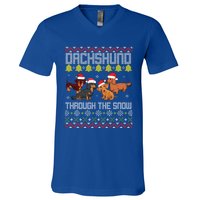 Dachshund Dogs With Noel Costume Dancing Through The Snow Gift V-Neck T-Shirt