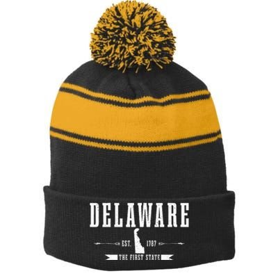 Delaware Est. 1787 The First State Pride State Map Stripe Pom Pom Beanie