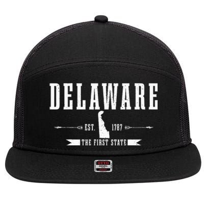 Delaware Est. 1787 The First State Pride State Map 7 Panel Mesh Trucker Snapback Hat