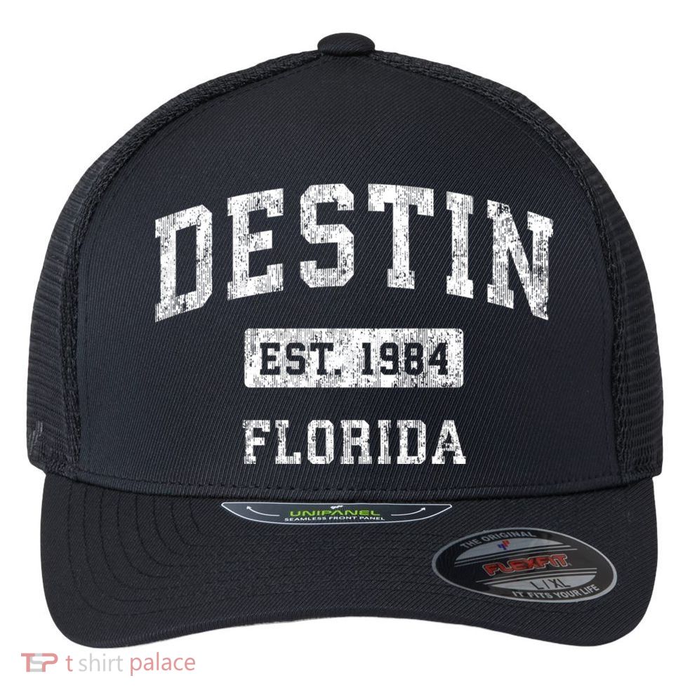 Destin Est 1984 Florida Fl Vintage Established Sports Design Flexfit Unipanel Trucker Cap