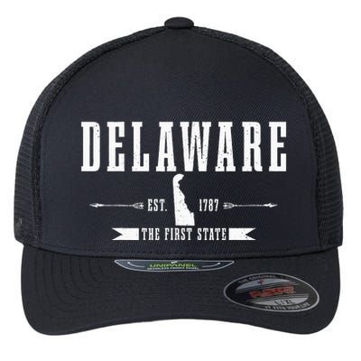 Delaware Est. 1787 The First State Pride State Map Vintage Flexfit Unipanel Trucker Cap
