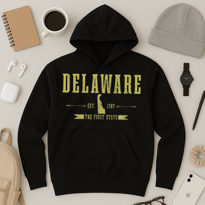 Delaware Est. 1787 The First State Pride State Map Vintage Hoodie