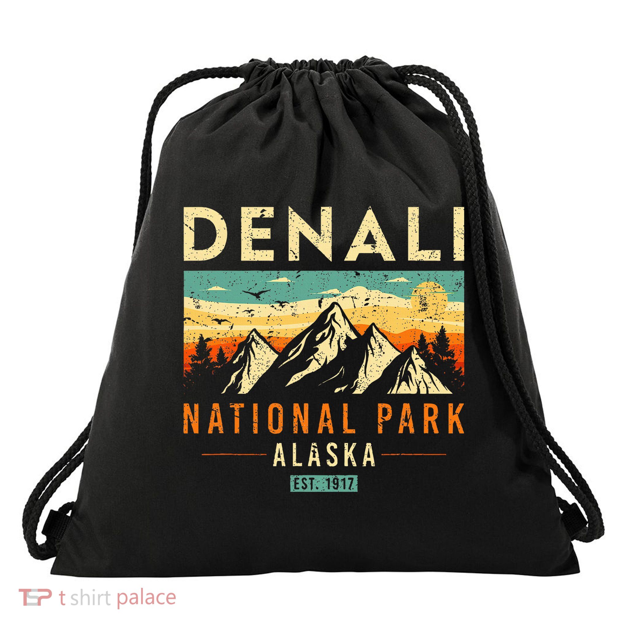 Denali Est. 1917 Vintage Retro Alaska National Park Drawstring Bag