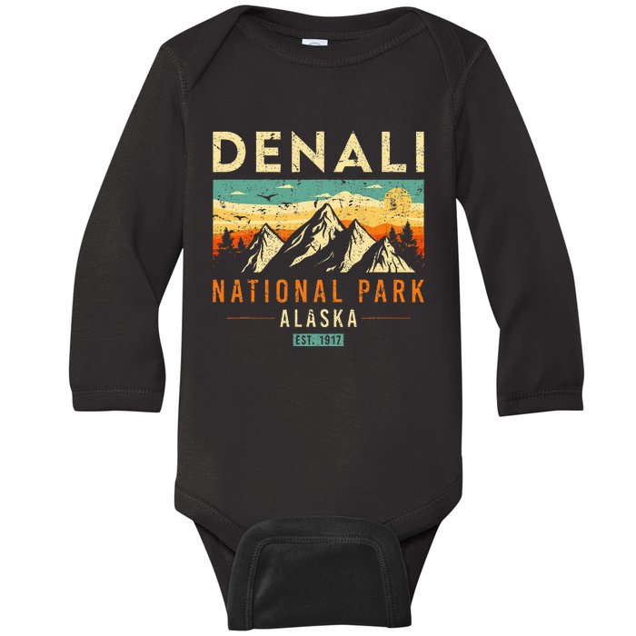 Denali Est. 1917 Vintage Retro Alaska National Park Baby Long Sleeve Bodysuit