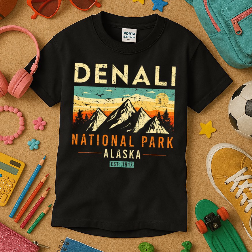Denali Est. 1917 Vintage Retro Alaska National Park Kids T-Shirt