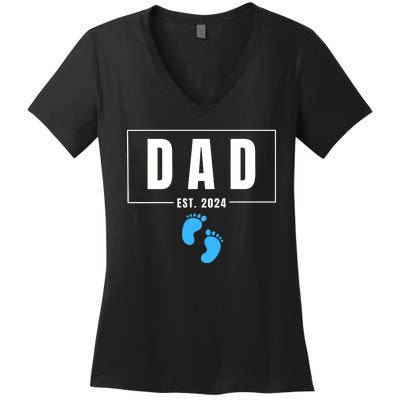 Dad Est. 2024 Fathers Day Expecting Baby Funny New Dad Baby Boy Women's V-Neck T-Shirt