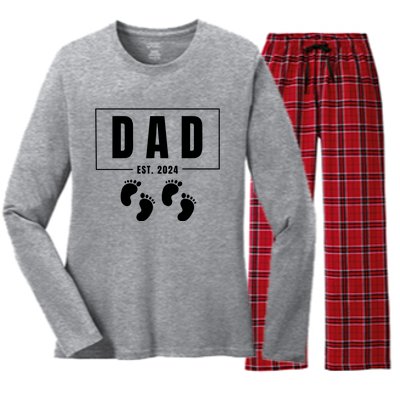 Dad Est. 2024 Fathers Day Expecting Baby Funny New Dad Baby Twins Women's Long Sleeve Flannel Pajama Set 