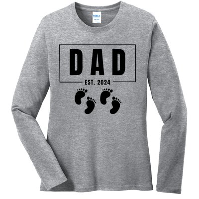 Dad Est. 2024 Fathers Day Expecting Baby Funny New Dad Baby Twins Ladies Long Sleeve Shirt