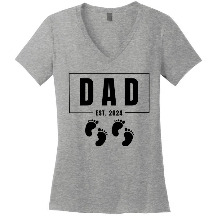 Dad Est. 2024 Fathers Day Expecting Baby Funny New Dad Baby Twins Women's V-Neck T-Shirt