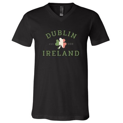 Dublin Est 988 Ireland Flag Shamrock Groovy St Patrick Day V-Neck T-Shirt