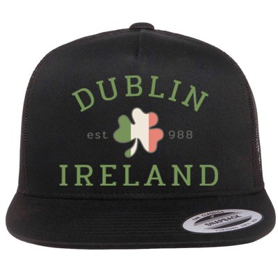 Dublin Est 988 Ireland Flag Shamrock Groovy St Patrick Day Flat Bill Trucker Hat