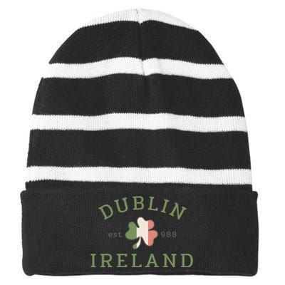 Dublin Est 988 Ireland Flag Shamrock Groovy St Patrick Day Striped Beanie with Solid Band