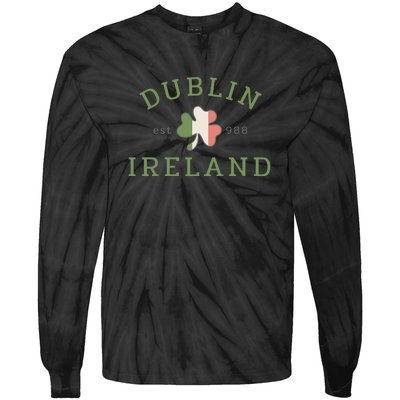 Dublin Est 988 Ireland Flag Shamrock Groovy St Patrick Day Tie-Dye Long Sleeve Shirt