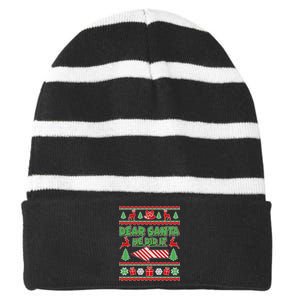 Dear Santa He Did It Funny Ugly Christmas Striped Beanie with Solid Band