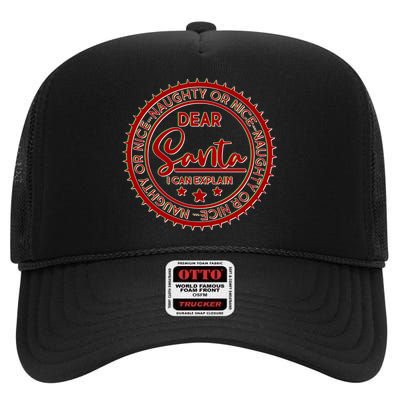 Dear Santa I Can Explain Christmas Emblem High Crown Mesh Back Trucker Hat