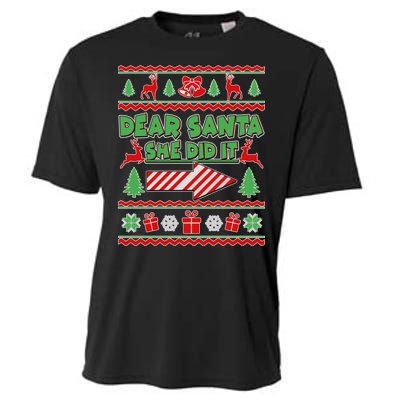 Dear Santa She Did It Ugly Christmas Matching Cooling Performance Crew T-Shirt