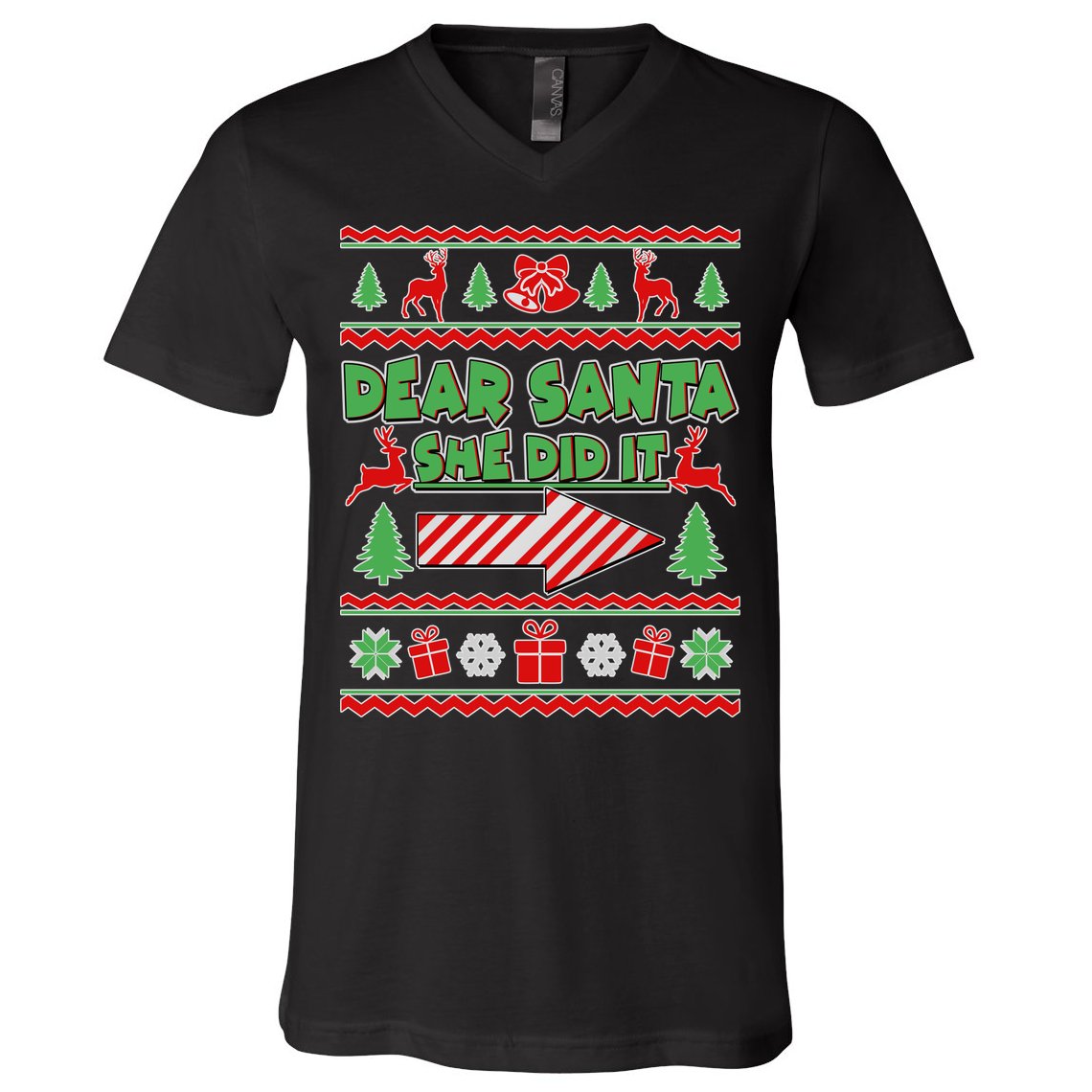 Dear Santa She Did It Ugly Christmas Matching V-Neck T-Shirt