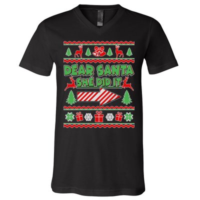 Dear Santa She Did It Ugly Christmas Matching V-Neck T-Shirt