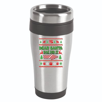 Dear Santa She Did It Ugly Christmas Matching 16oz Travel Tumbler