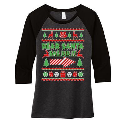 Dear Santa She Did It Ugly Christmas Matching Women's Tri-Blend 3/4-Sleeve Raglan Shirt