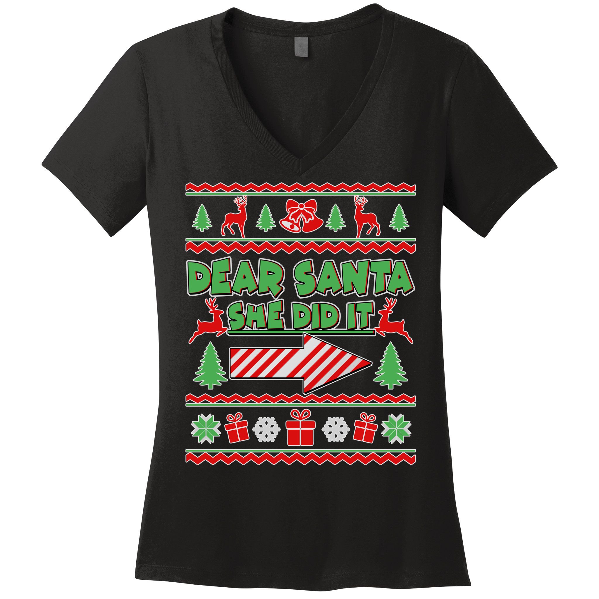 Dear Santa She Did It Ugly Christmas Matching Women's V-Neck T-Shirt