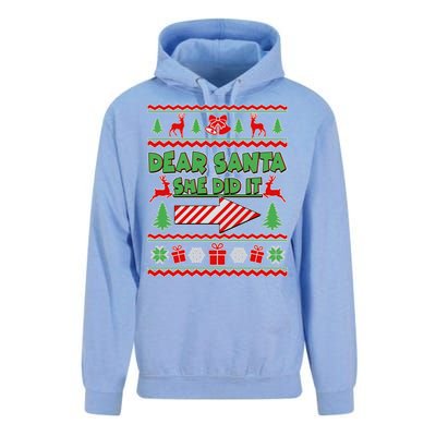 Dear Santa She Did It Ugly Christmas Matching Unisex Surf Hoodie