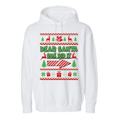 Dear Santa She Did It Ugly Christmas Matching Garment-Dyed Fleece Hoodie