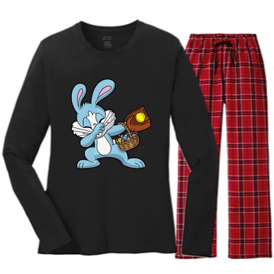 Dabbing Easter Bunny Softball Dab Dance Women's Long Sleeve Flannel Pajama Set 