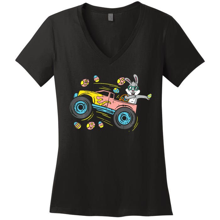 Dabbing Easter Bunny Happy Easter Monster Truck Lovers Women's V-Neck T-Shirt