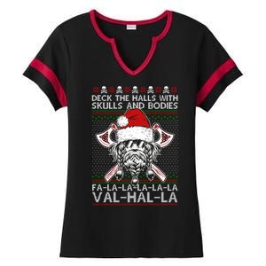 Deck The Halls Skulls Bodies Vikings Santa Ugly Christmas Sweater Ladies Halftime Notch Neck Tee