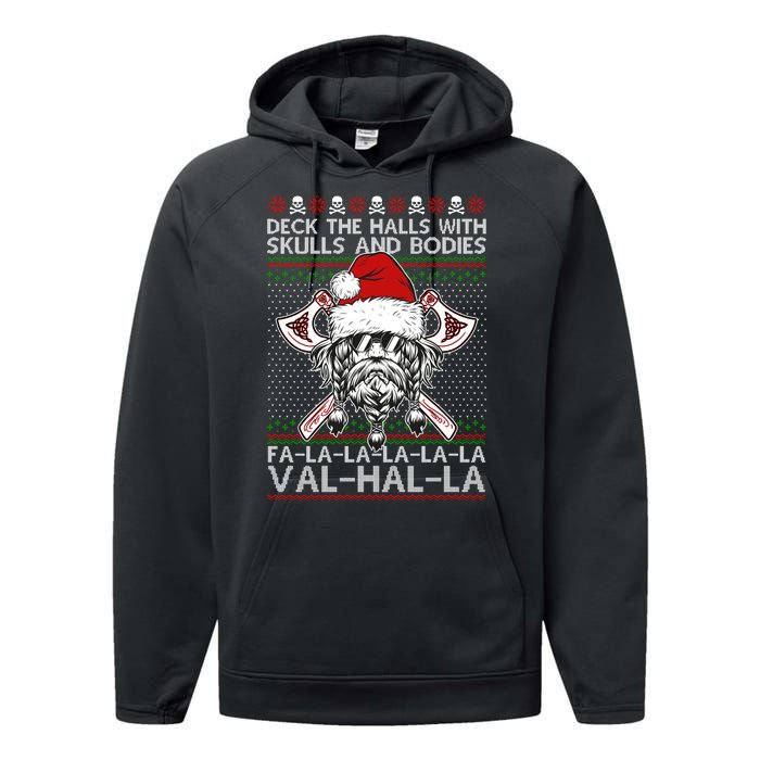 Deck The Halls Skulls Bodies Vikings Santa Ugly Christmas Sweater Performance Fleece Hoodie