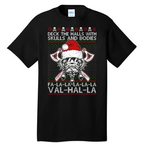 Deck The Halls Skulls Bodies Vikings Santa Ugly Christmas Sweater Tall T-Shirt