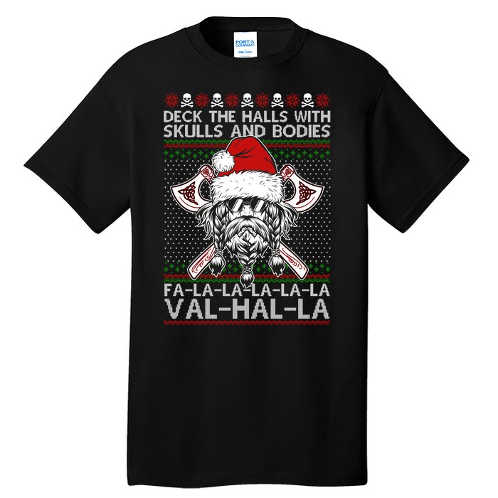 Deck The Halls Skulls Bodies Vikings Santa Ugly Christmas Sweater Tall T-Shirt