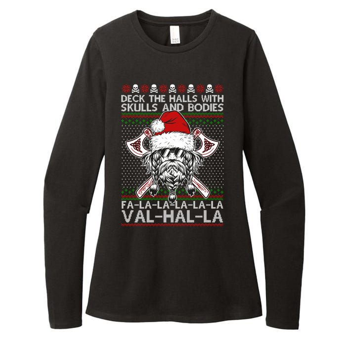 Deck The Halls Skulls Bodies Vikings Santa Ugly Christmas Sweater Womens CVC Long Sleeve Shirt