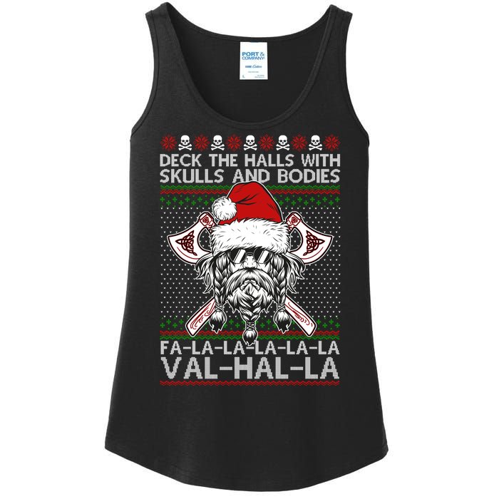 Deck The Halls Skulls Bodies Vikings Santa Ugly Christmas Sweater Ladies Essential Tank