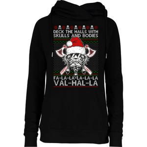 Deck The Halls Skulls Bodies Vikings Santa Ugly Christmas Sweater Womens Funnel Neck Pullover Hood