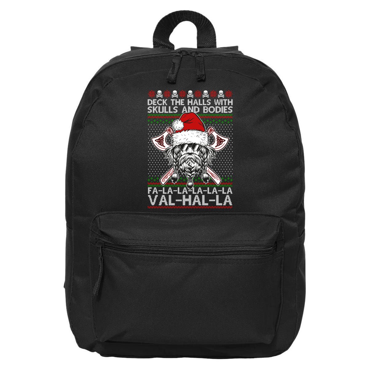 Deck The Halls Skulls Bodies Vikings Santa Ugly Christmas Sweater 16 in Basic Backpack