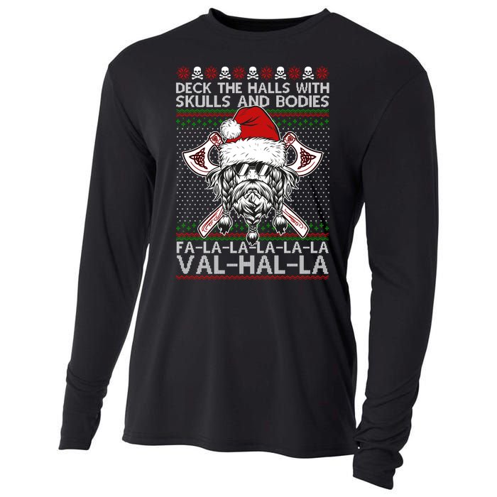 Deck The Halls Skulls Bodies Vikings Santa Ugly Christmas Sweater Cooling Performance Long Sleeve Crew