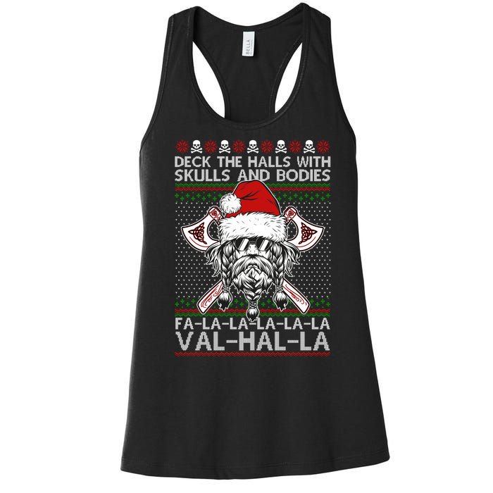 Deck The Halls Skulls Bodies Vikings Santa Ugly Christmas Sweater Women's Racerback Tank