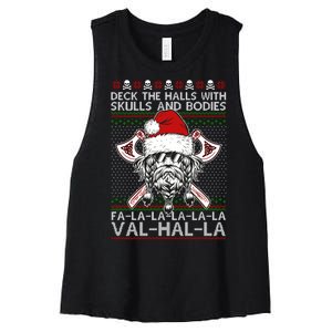 Deck The Halls Skulls Bodies Vikings Santa Ugly Christmas Sweater Women's Racerback Cropped Tank