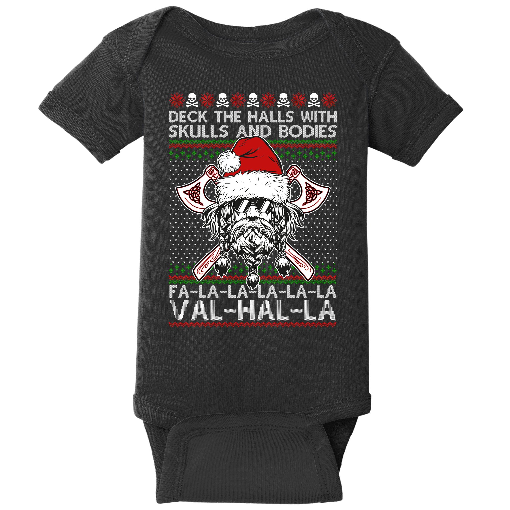 Deck The Halls Skulls Bodies Vikings Santa Ugly Christmas Sweater Baby Bodysuit